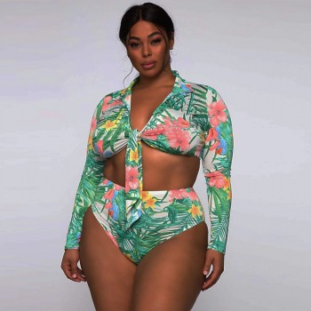 2 Pieces Female Swimsuits, Floral Print V-Neck Long Sleeve Crop Top+ Bikini 
